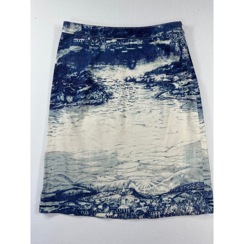 Anthropologie French Toile Landscape Pencil Skirt Sz 6 Blue White Coastal Scenic - Picture 3 of 9